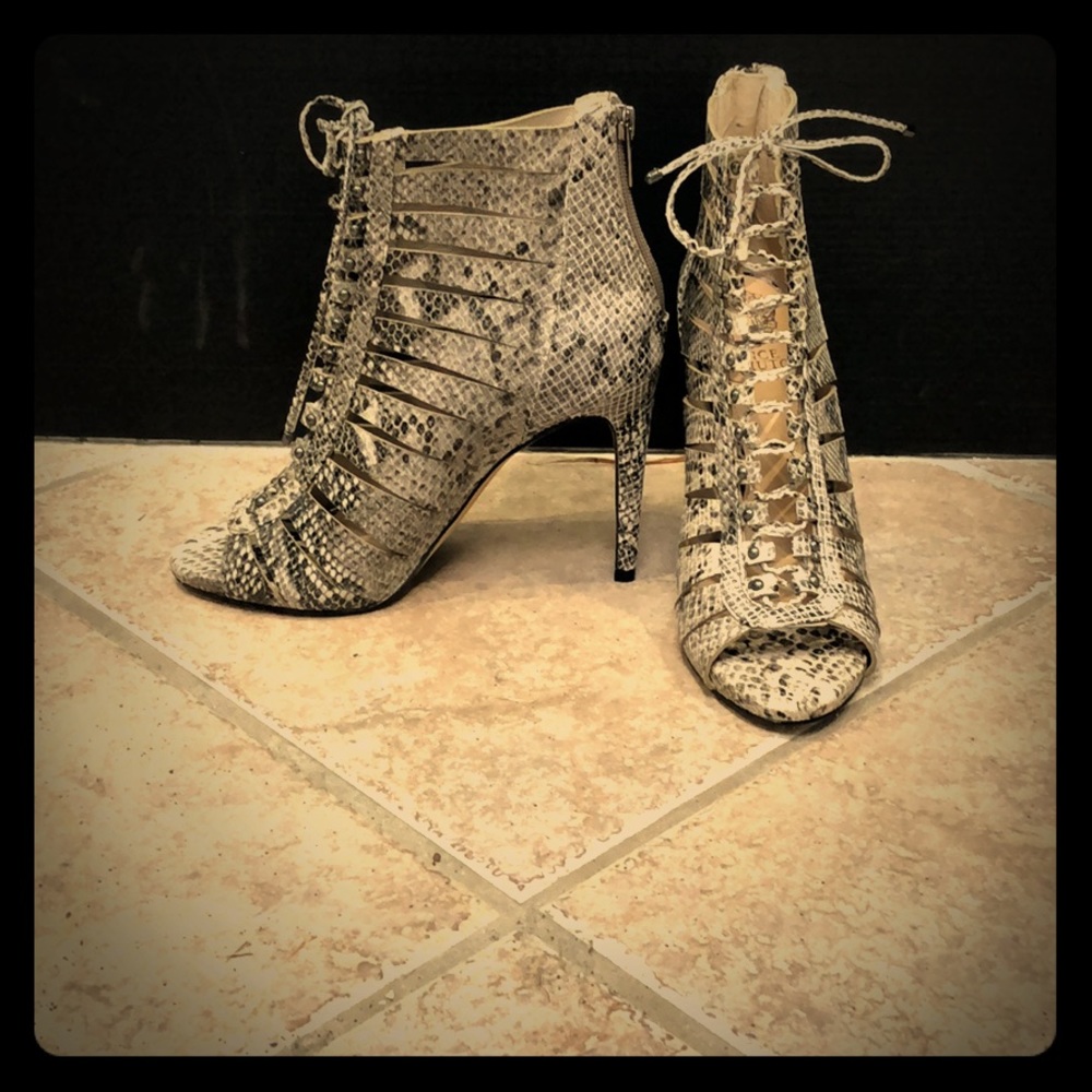 Snakeskin Stiletto Peep-Toe Booties w/ lace up